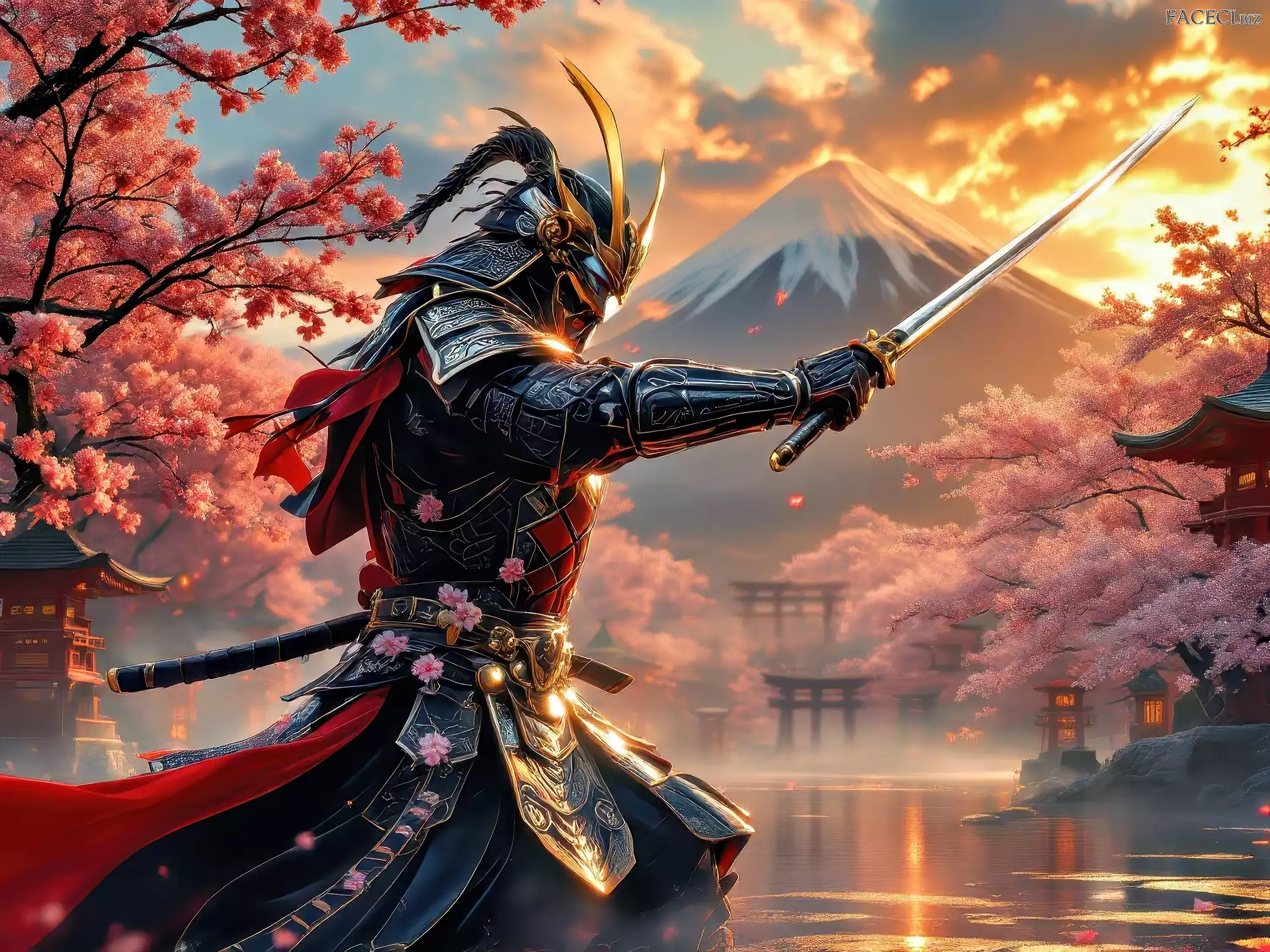 Samuraj, Wojownik, Jezioro, Grafika, Góra, Drzewa, Zbroja, Japoński, Miecz